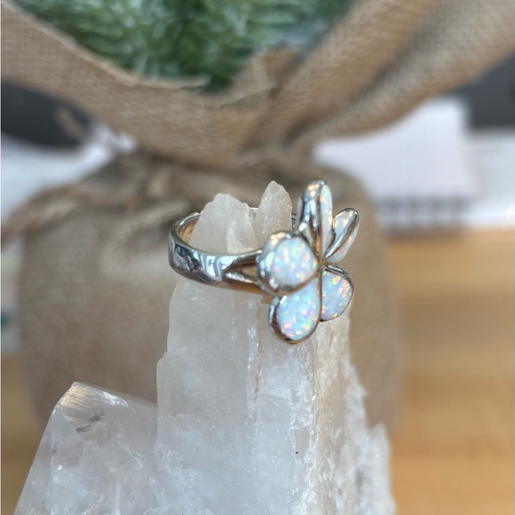 Stunning Opal Inlay Flower Ring solid Sterling Silver 925 Artisan Made sz 6 7/8 - Picture 10 of 12
